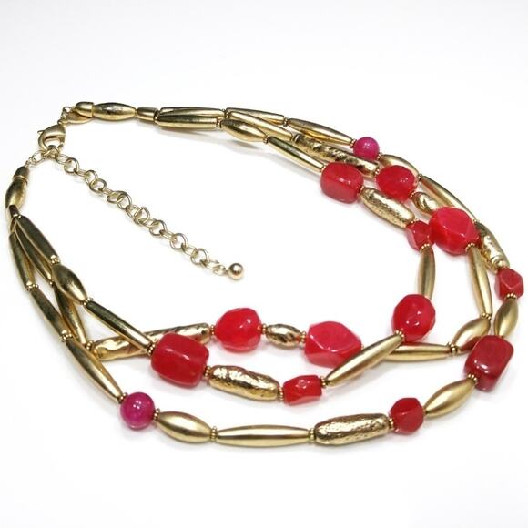 Chico's Red Gemstone 3 Strand Beaded Necklace, 20 Inches, Tested Spinel - Picture 2 of 8